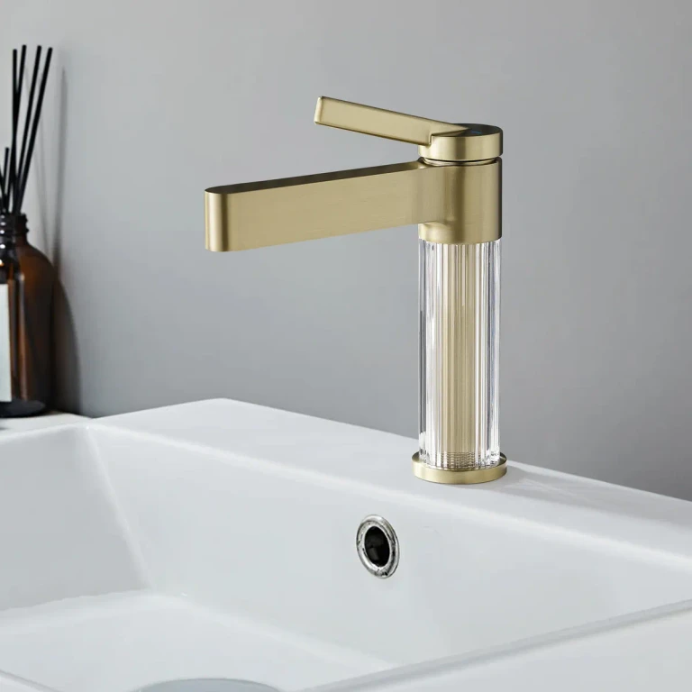 Luxury Brushed Gold Bathroom Faucet â Solid Brass Body with Acrylic Column