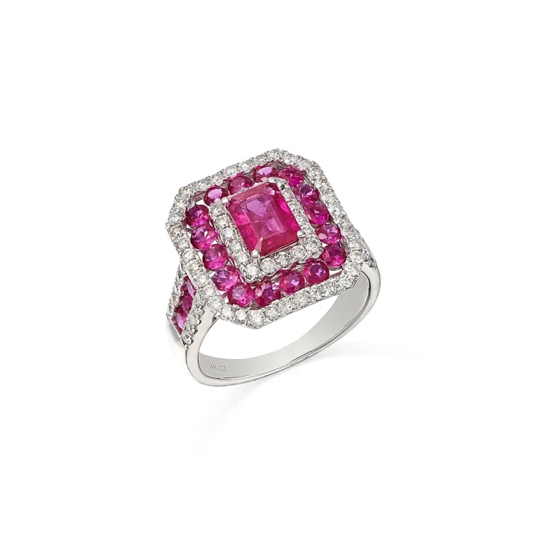 Ruby & Diamond Multi Halo Ring in 14K White Gold