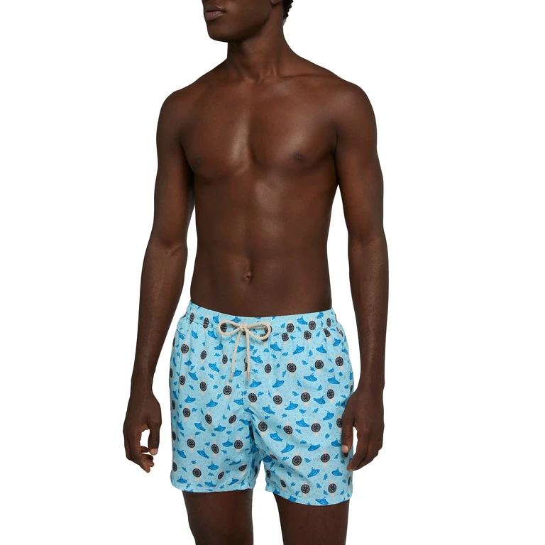Mc2 Saint Barth Lightweight Fabric Swim Shorts Lighting With Watch Print Blue Swimshort - Men