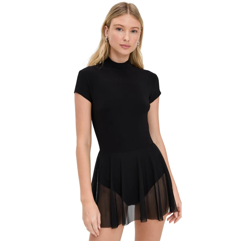 Norma Kamali Mock Neck Cap Sleeve Flared Dress Black S