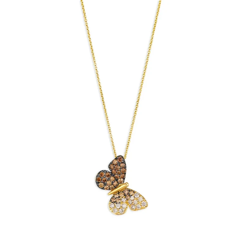 Brown & Champagne Diamond Butterfly Pendant Necklace in 14K Yellow Gold, 20