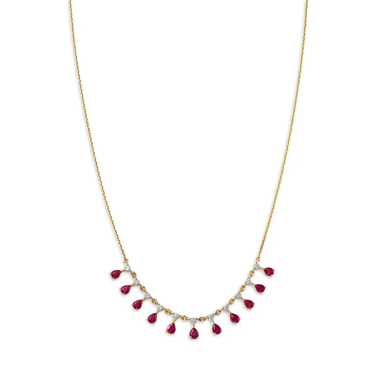 Ruby & Diamond Droplet Station Necklace in 14K Yellow Gold, 18