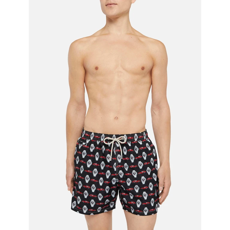 Mc2 Saint Barth Lightweight Fabric Swim Shorts Lighting With Watch Print Black Swimshort - Men