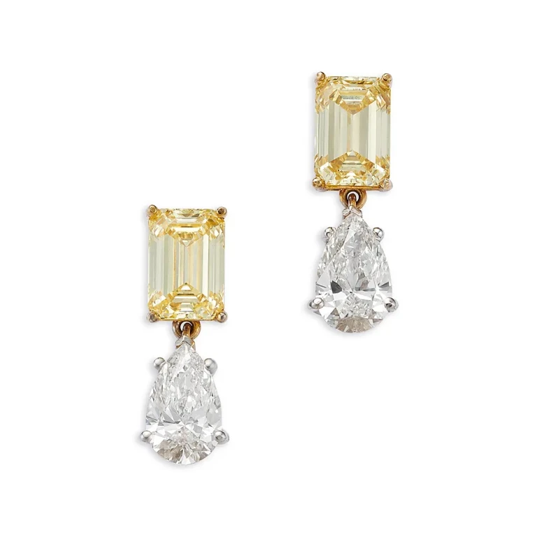 Certified Lab Grown Yellow & White Diamond Drop Earrings in 18K White & Yellow Gold, 9.20 tcw
