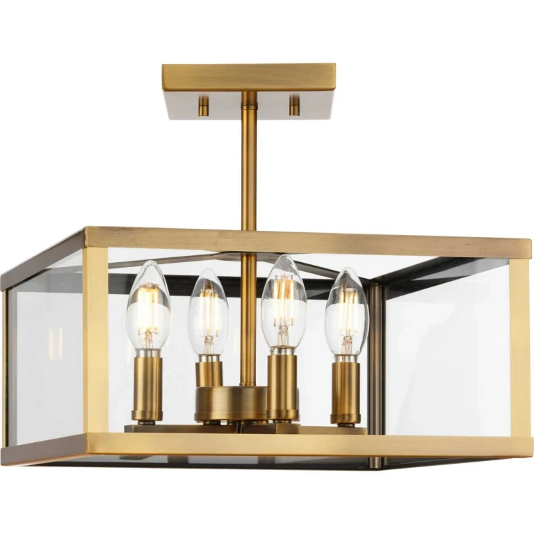 Vintage Brass Four Light Semi-Flush Mount from the Hillcrest Collection