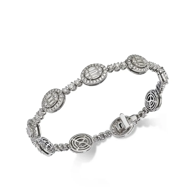 Diamond Round & Baguette Halo Mosaic Tennis Bracelet in 14k White Gold, 4.0 tcw