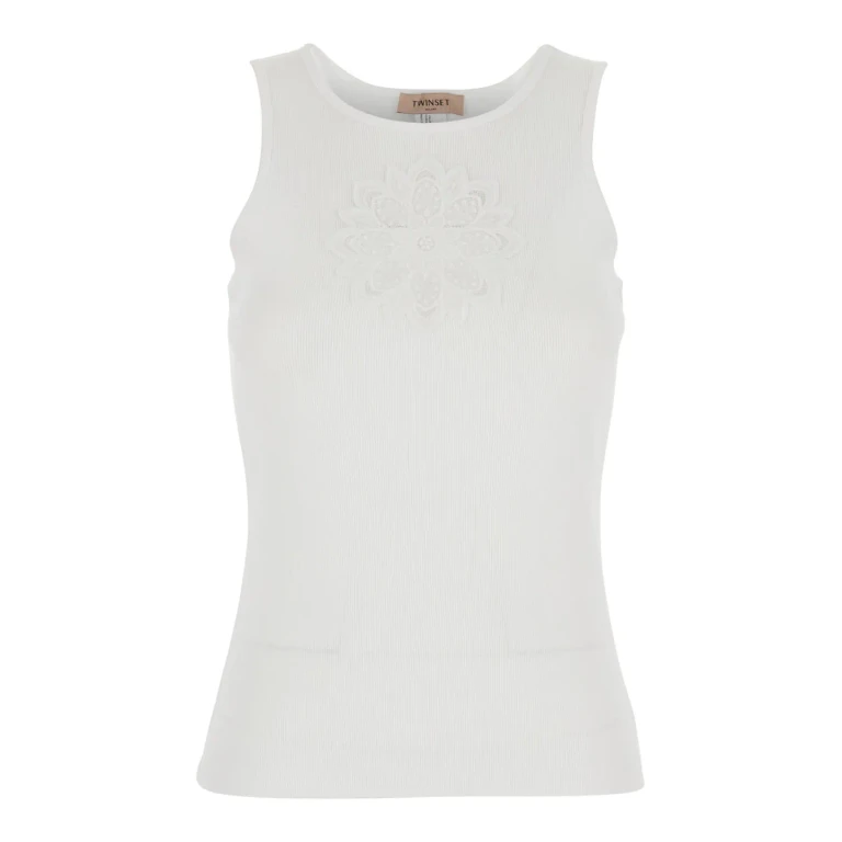 TwinSet Sleeveless Top With Tone-on-tone Floral Embroidery In White Cotton For Women