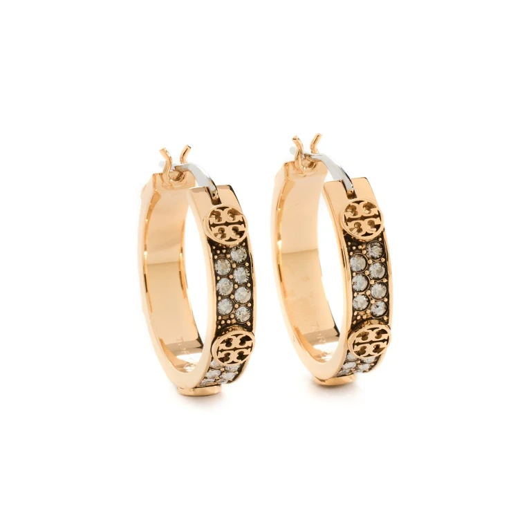 Brincos de Argola Tory Burch Small Icon Pave Tory Gold/Cristal