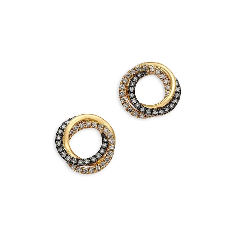 Champagne & Brown Diamond Circle Twist Stud Earrings in 14K Yellow Gold, 0.60 tcw