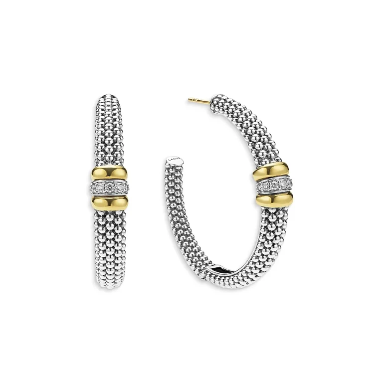 Lagos 18K Yellow Gold & Sterling Silver Signature Caviar Diamond Beaded Large Hoop Earrings