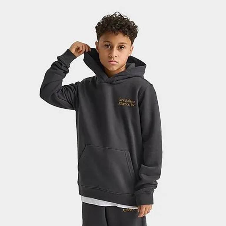 New Balance Big Kids Linear Logo Overlay Pullover Hoodie in Black Cement Size: Small