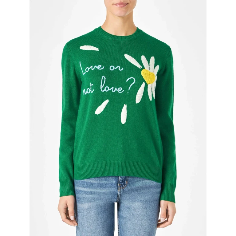 MC2 Saint Barth New Queen Green Brushed Sweater With Love Or Not Embroidery