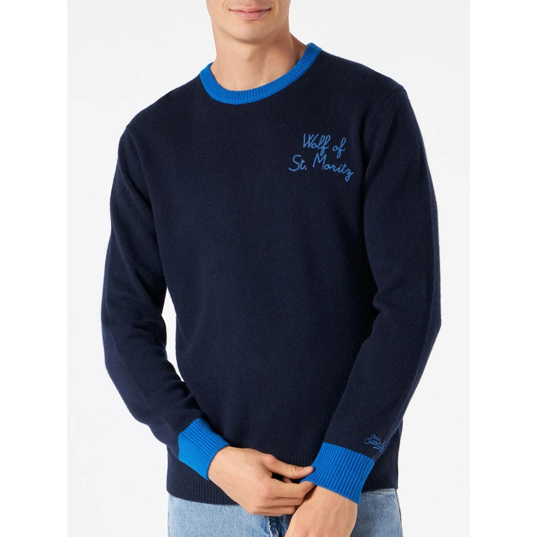 MC2 Saint Barth Man Navy Blue Sweater With Wolf Of St. Moritz Embroidery