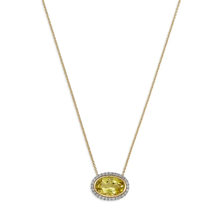 Fine Collection Lemon Quartz & Diamond Halo Pendant Necklace in 14K Yellow Gold, 18