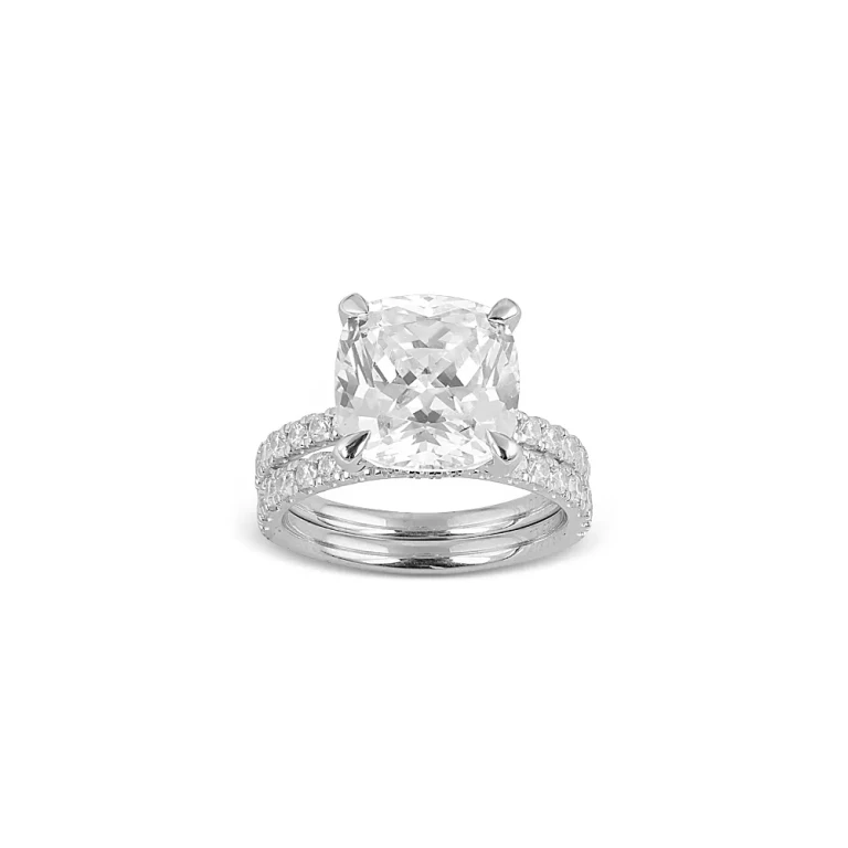 Certified Lab Grown Cushion Cut Diamond Bridal Set with Engagement Ring and Wedding Band in 18K White Gold, 7.2 tcw
