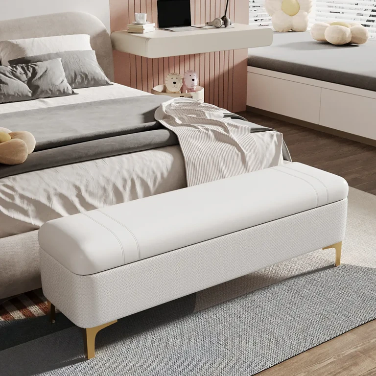Modern White PU Leather Bedroom Flip Top Storage Bench with Gold Stainless Steel Legs