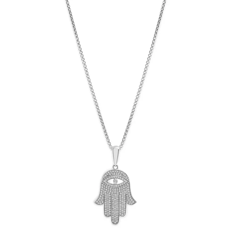 Men's Diamond Hamsa Pendant Necklace in 14K White Gold, 0.50 tcw