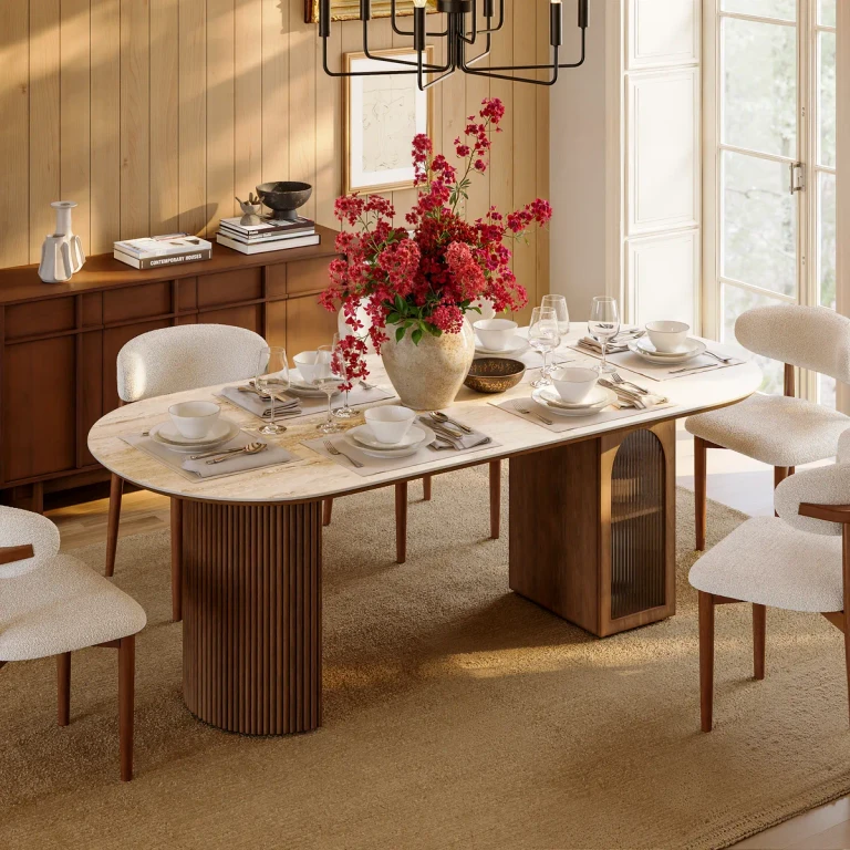 71" Faux Travertine Oval Dining Table with Fluted Base & Storage