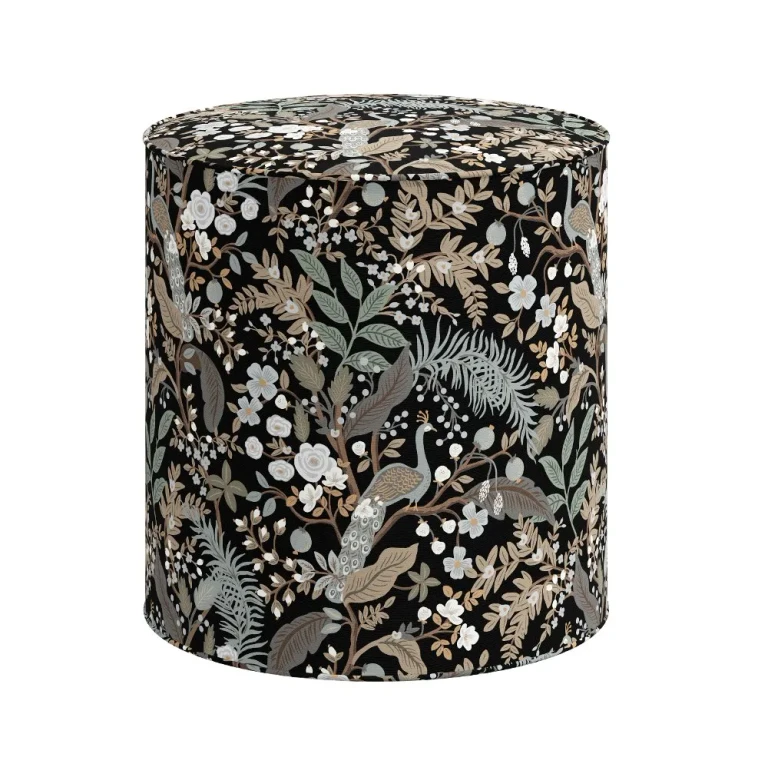 Rifle Paper Co Billie Peacock Black Round Ottoman