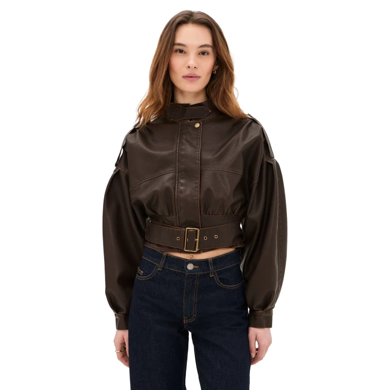 Lioness Gigi Faux Leather Bomber Jacket Chocolate XL