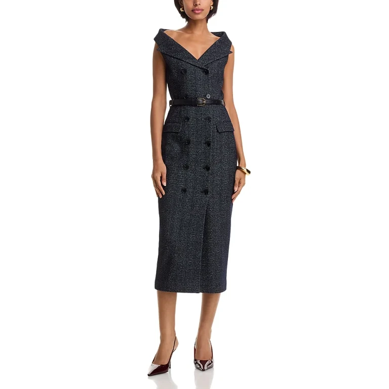 Self-Portrait Grey Herringbone Wool Midi Dress