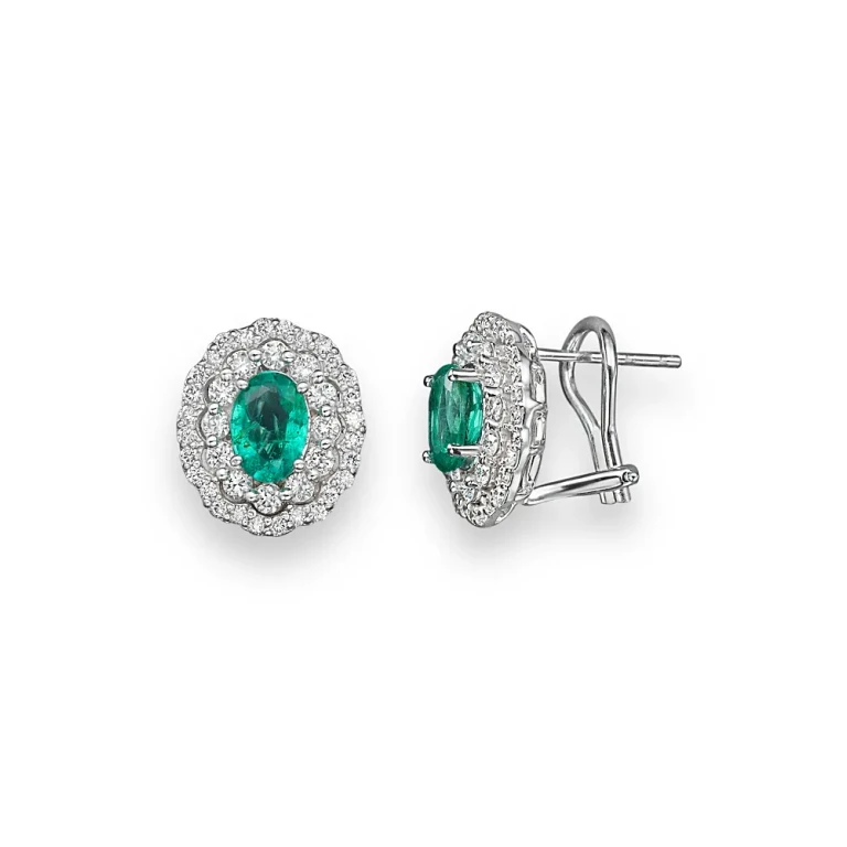 Emerald and Diamond Oval Stud Earrings in 14K White Gold