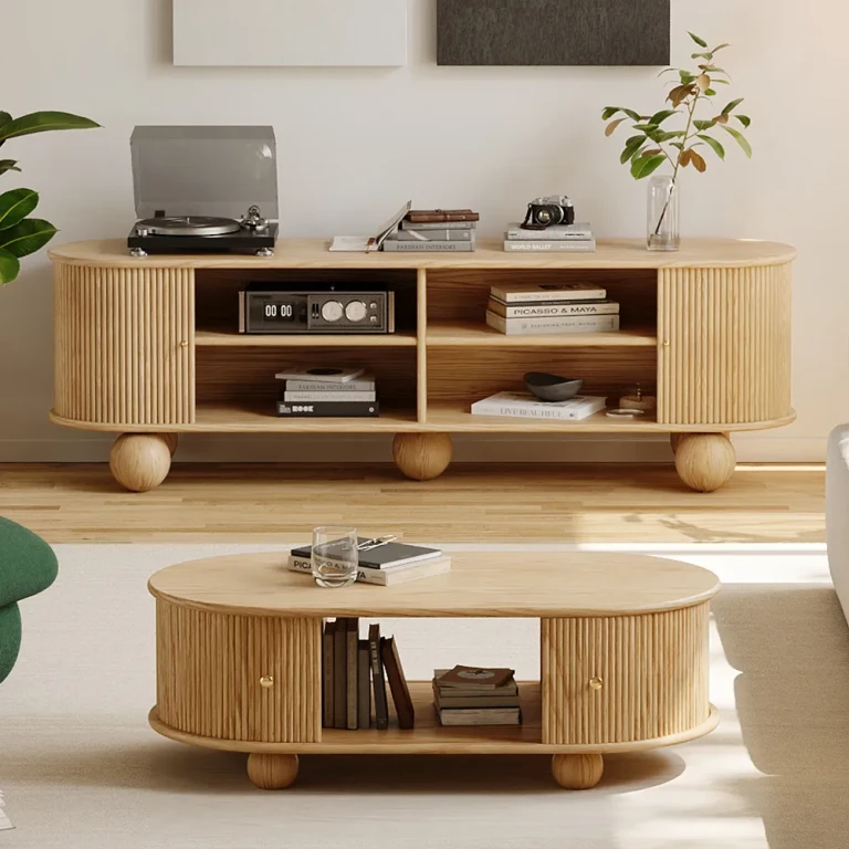 47" Tambour Door Solid Wood Coffee Table with Storage Oval Natural Living Room Table Ash Solid Wood Mid Century Modern Oval TV Stand with Storage