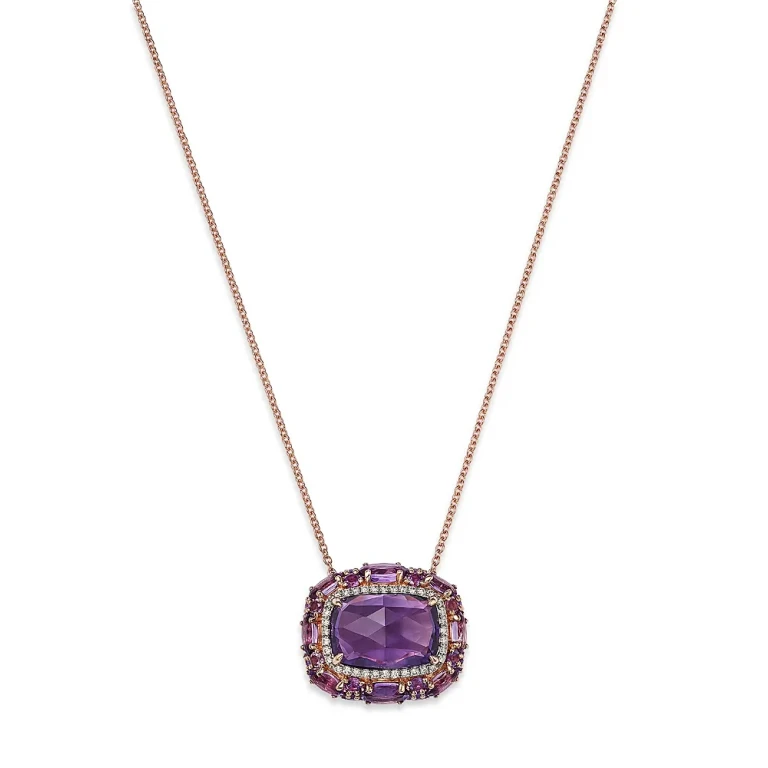 Fine Collection Amethyst & Diamond Halo Pendant Necklace in 14K Rose Gold, 18