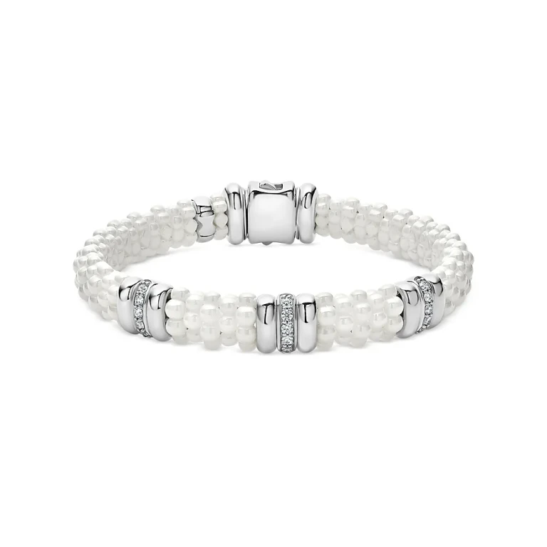 Lagos Sterling Silver White Caviar Ceramic & Diamond Beaded Bracelet