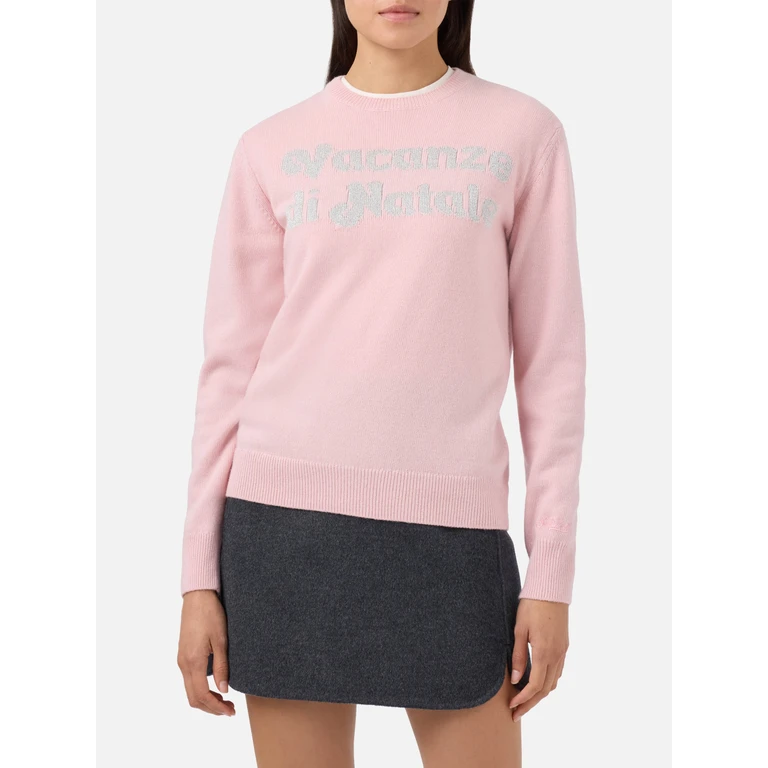 Mc2 Saint Barth New Queen Cashmere-Blend Crewneck Pink With Vacanze Di Natale Lurex Jacquard Special Edition - Women