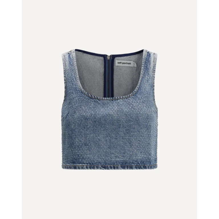 Self-Portrait Denim-Crop-Top mit Strasssteinen