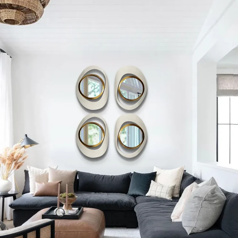 Modern 4-Piece 23.6" Large White & Gold Abstract Geometry Wall Mirror Decor Living Room