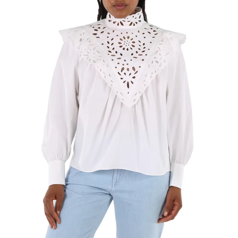 Chloe Ladies White Cotton Poplin High-Neck Shirt