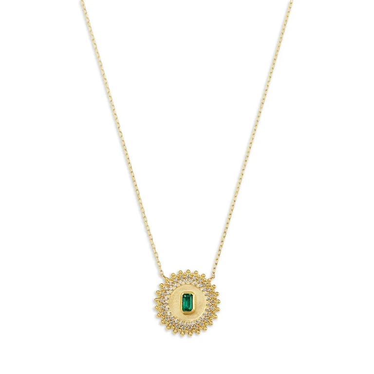 Emerald & Diamond Circle Pendant Necklace in 14K Yellow Gold, 16-17