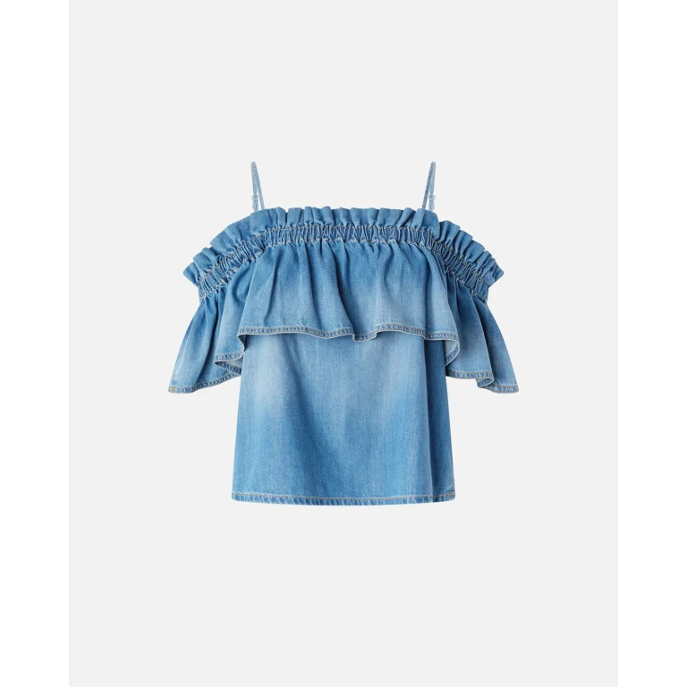 Pinko Denim Top mit Rüschen und freien Schultern