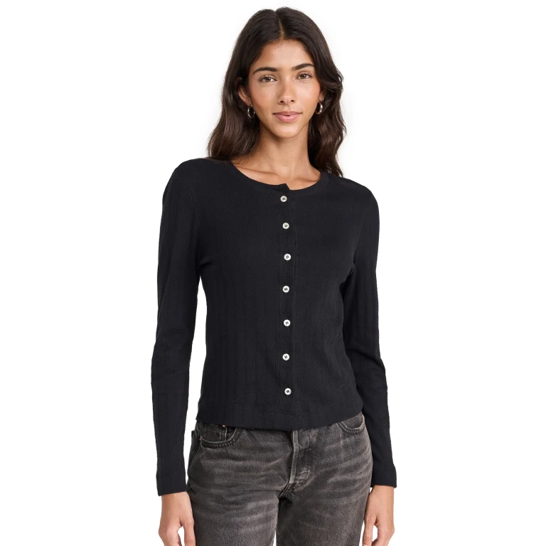 Leset Pointelle Classic Crew Cardigan Black XL