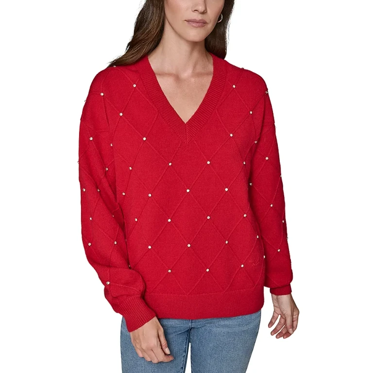 Karl Lagerfeld Paris Embellished V-Neck Sweater