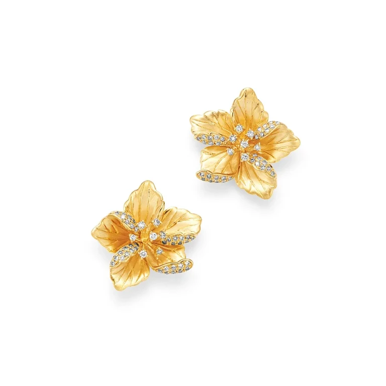 Diamond Flower Earrings in 14K Textured Yellow Gold, 0.30 tcw