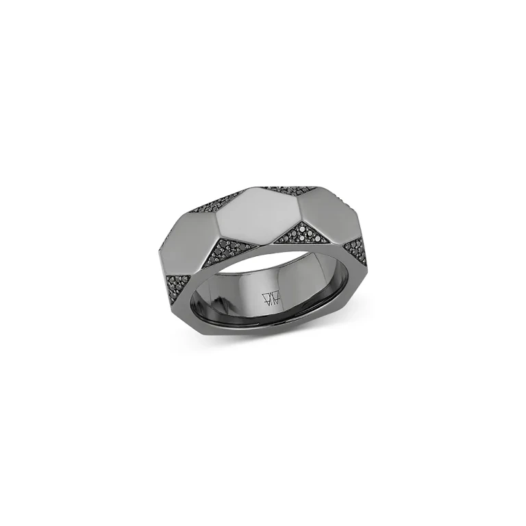 Walters Faith Men's 18K Black Gold Black Diamond Quentin Faceted Hexagon Band Ring