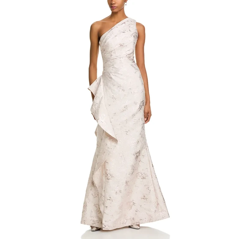 Teri Jon by Rickie Freeman Metallic Jacquard One-Shoulder Gown