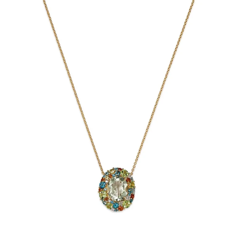 Fine Collection Prasiolite, Multi Gemstone & Diamond Halo Pendant Necklace in 14k Yellow Gold, 18