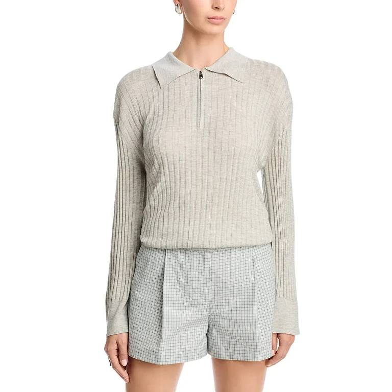 Brandon Maxwell Sabine Silk & Cashmere Zippered Polo Top