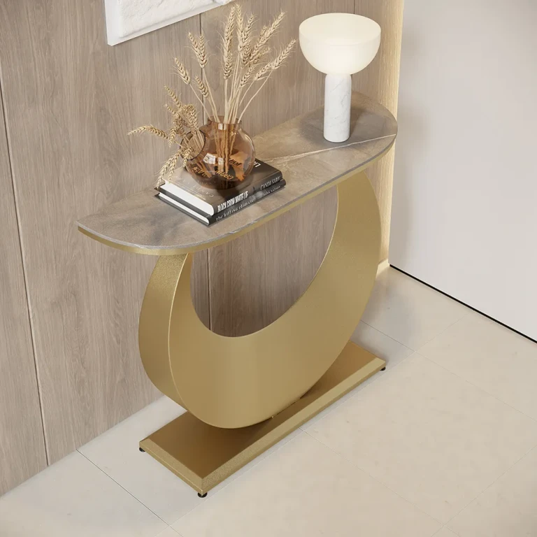 39.4" Narrow Console Table Gray Sintered Stone Entryway Table with Half-Moon Steel Base