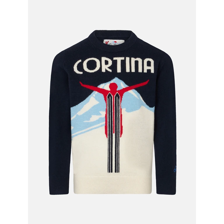Mc2 Saint Barth Boy Crewneck Sweater With Cortina Postcard Print Blue