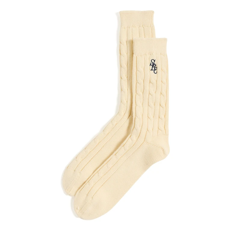 Sporty & Rich Cable Knit Socks Almond Navy One Size