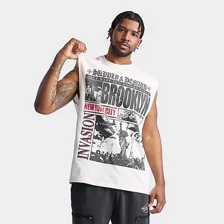 Supply & Demand Men's Tabloid Graphic Sleeveless T-Shirt in Egret Size: Small