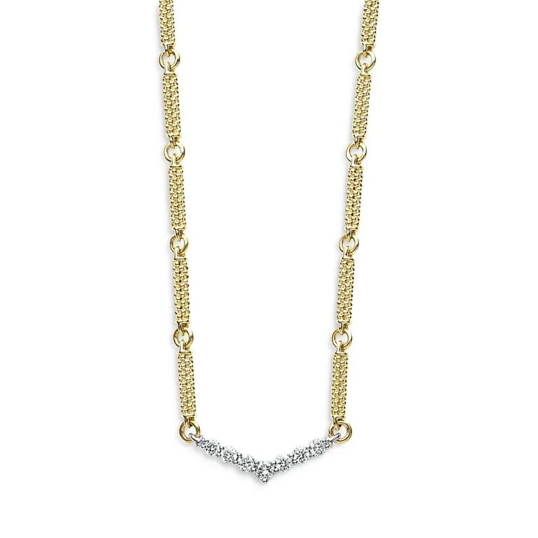Lagos 18K White & Yellow Gold Signature Caviar Diamond Chevron Bead Link Statement Necklace, 16-18
