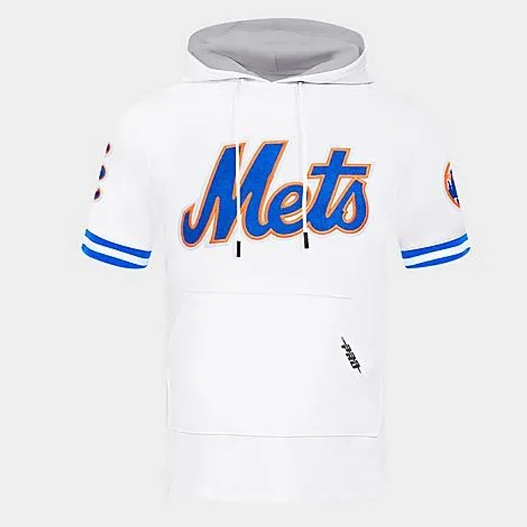 Pro Standard Men's New York Mets MLB Classic Chenille Double Knit Short-Sleeve Hoodie in White/Royal Blue Size: Small