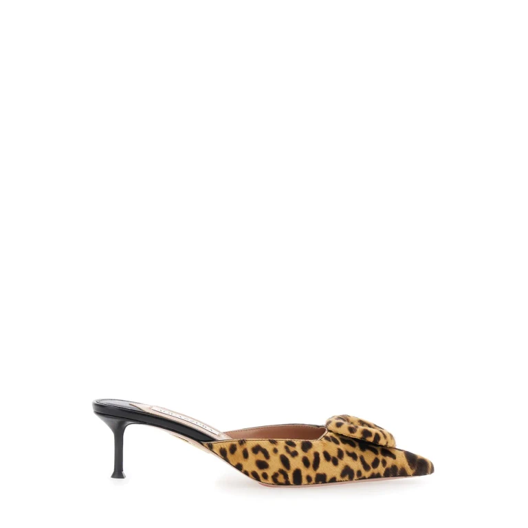 Aquazzura the Hood Brown Mules With Bow Detail And Leopard Motif In Suede Woman
