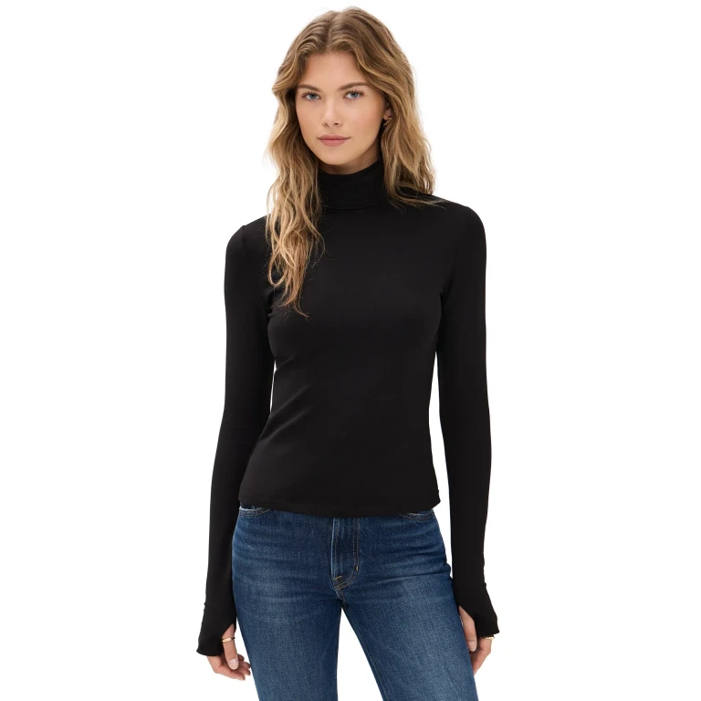 Susana Monaco Mock Neck Thumb Hole Long Sleeve Tee Black XL